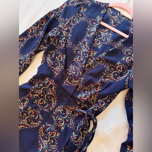 LUSH Navy Blue Paisley Long Sleeve Midi Wrap Dress - Picture 3 of 16